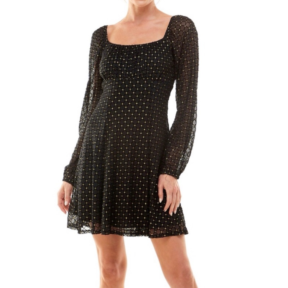 Lily Rose Babydoll Dress Black Gold Glitter Polka Dot Size M Long Sleeves